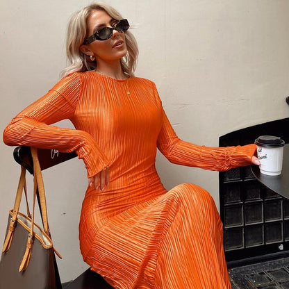 Women Fashion Long Sleeve Streetwear Bodycon Orange Midi Dress  Autumn Clothes Wholesale Items For Business