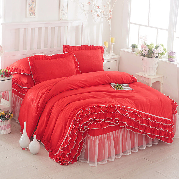 Princess Lace Bed Skirt-style Bedspread Style Four-piece Solid Color Lace