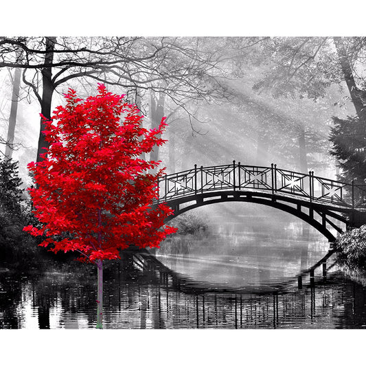 Handwork Decoration Forest Bridge & Red Tree DIY 5D Diamond Painting Resin Square Diamonds