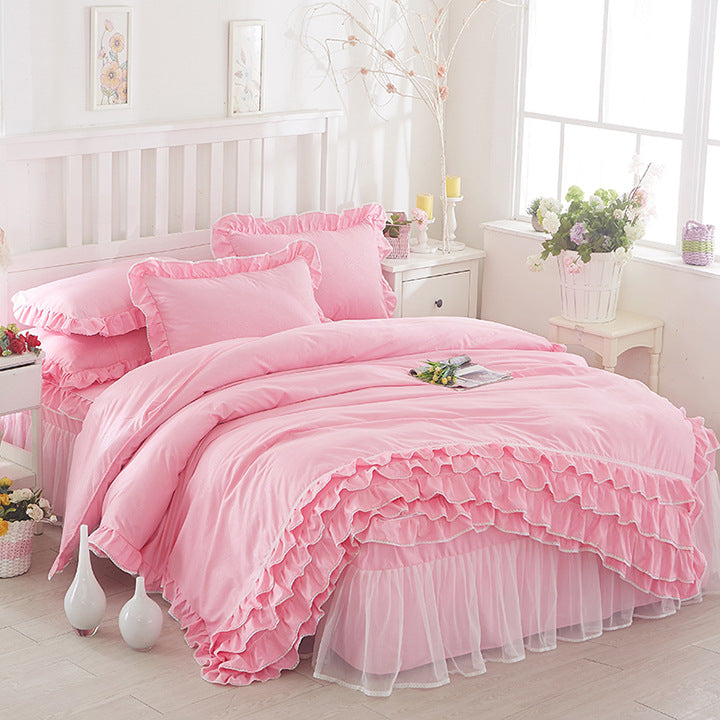 Princess Lace Bed Skirt-style Bedspread Style Four-piece Solid Color Lace