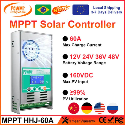 PowMr MPPT 60A Solar Charge Controller Discharge Backlight 12V 24V 36V 48V Auto for Vented Sealed Gel Nicd Li Solar Cells Panel