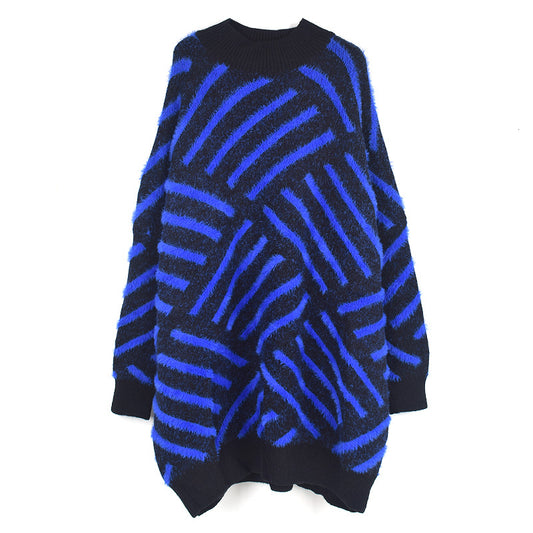 Pullover Sweater Women's Half High Collar Loose Knit Contrast Stripe Fashion Temperament Autumn And Winter