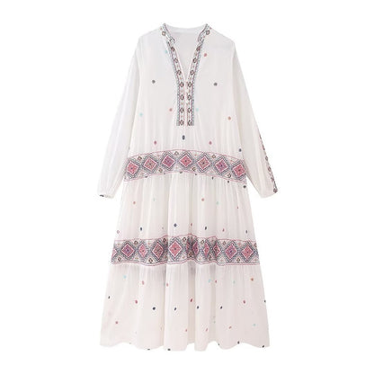 Colour Matching Embroidery Dresses O Neck Vintage Long Dress Woman Loose Casual Dress 2023 Street Chic Female Summer Dress