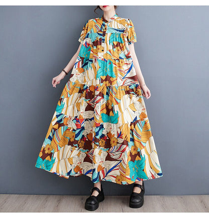 Oversized Floral Printed A-Line Rufles Dress Summer Woman Loose Casual Holiday Big Size Beach Cotton Korea Ladies Dresses