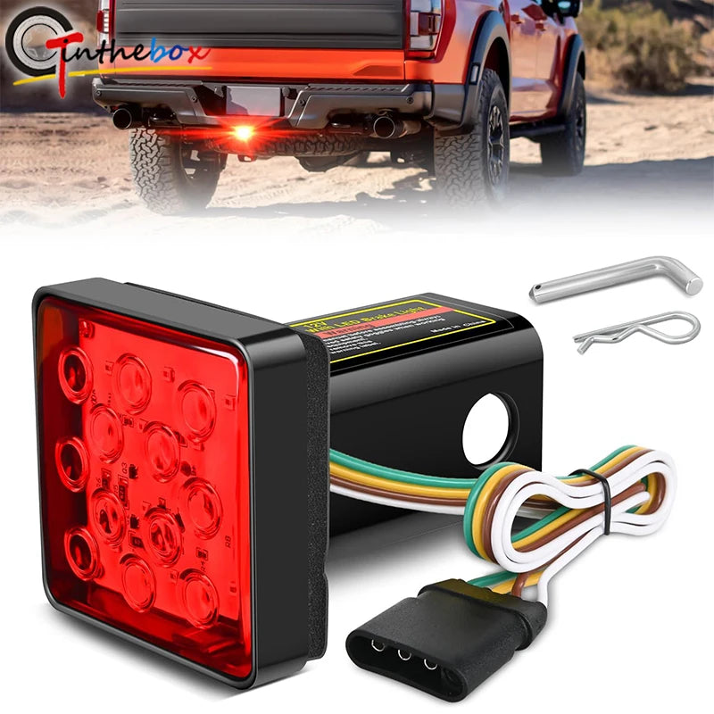 1pc 15LED Car Red Brake Light DRL Trailer Truck Hitch Cover Fit 2" Towing Hauling Rear Tail Strobe Light Waterproof Taillight