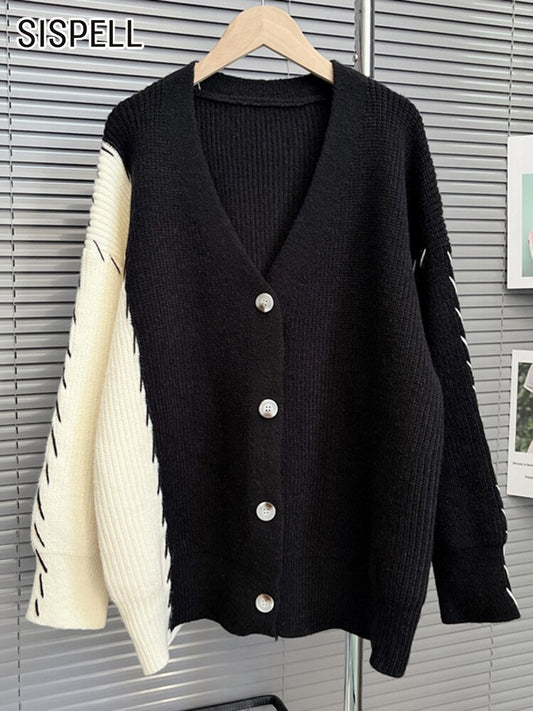 Colorblock Knitting Coats For Women V Neck Long Sleeve Fashion Vintage Sweater Female Clothing Loose Casual Style Winter