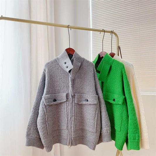 Retro Lazy Style Thickened Sweater Women's Coat New Loose Zipper Knitted Cardigan