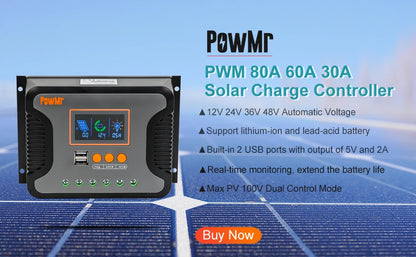 PowMr MPPT 60A Solar Charge Controller Solar Panel Regulator 12V 24V 36V 48V Auto Max PV 190VDC For Lead Acid Lithium Battery