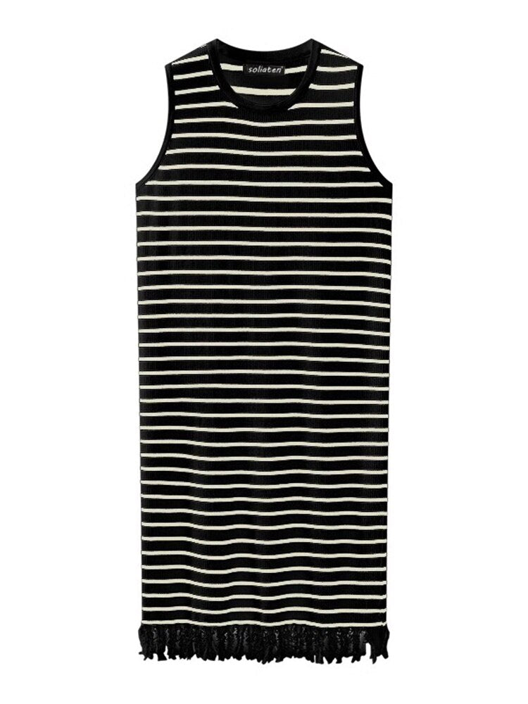 Contrasting Color Striped Knitted Sleeveless Dress Summer New Lazy Simple High-end Sundress  Tassel