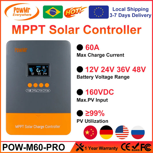 PowMr MPPT 60A Solar Charger Controller Blacklight LCD Regulator Max PV Input 160VDC Support 12V 24V 36V 48V Lithium battery