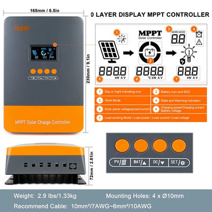 PowMr MPPT 60A Solar Charger Controller Blacklight LCD Regulator Max PV Input 160VDC Support 12V 24V 36V 48V Lithium battery