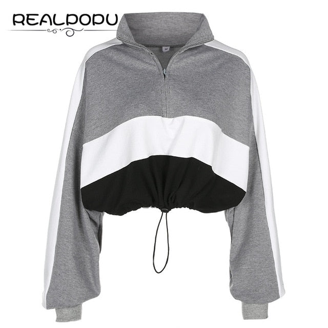 Long-sleeved pullovers hoodies Deep V Neck Top Drawstring Loose Cropped Patchwork Sweatshirt