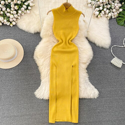 Knitted Stand Collar Women Dresses Sleeveless Vintage Summer Sexy Vestidos Korean Fashion High Waist Long Dress