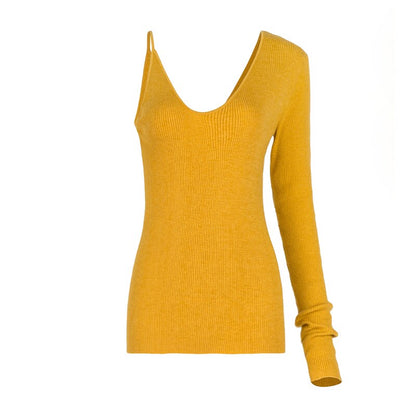 One Shoulder Asymmetrical Design Wool Knitwear Autumn New V-Neck Thin Underlay Slim Top Women