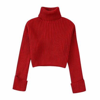 Winter New Fashion Elegant High Collar Long Sleeve Solid Short Knitwear