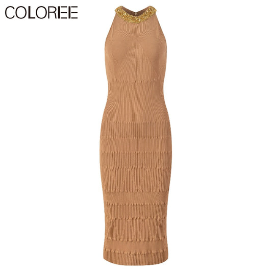 Elegant Sleeveless Halter Dresses for Women 2023 Luxury Deisgners Elegant Sequin Beaidng Knitted Sweater Dress Vestidos Midi