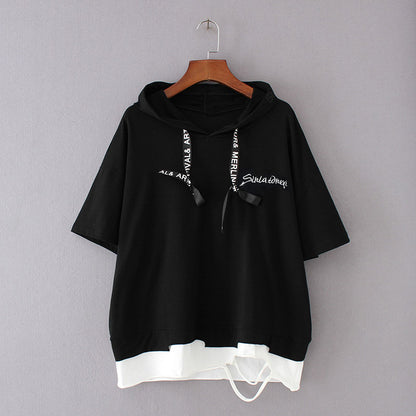 Plus Size Summer Hoodies Letter Embroidery Women Hooded Hoodies Short Sleeve Sweatshirt Hole Loose Pullovers Female Tops