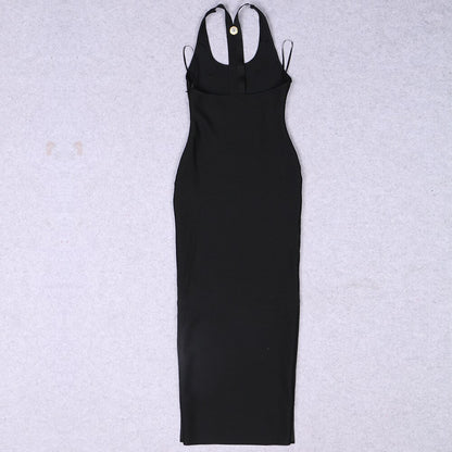 Women Sexy Backless Sleeveless Slim Bandage Dress Rayon Elegant Metal Button Long Quality Party Dress