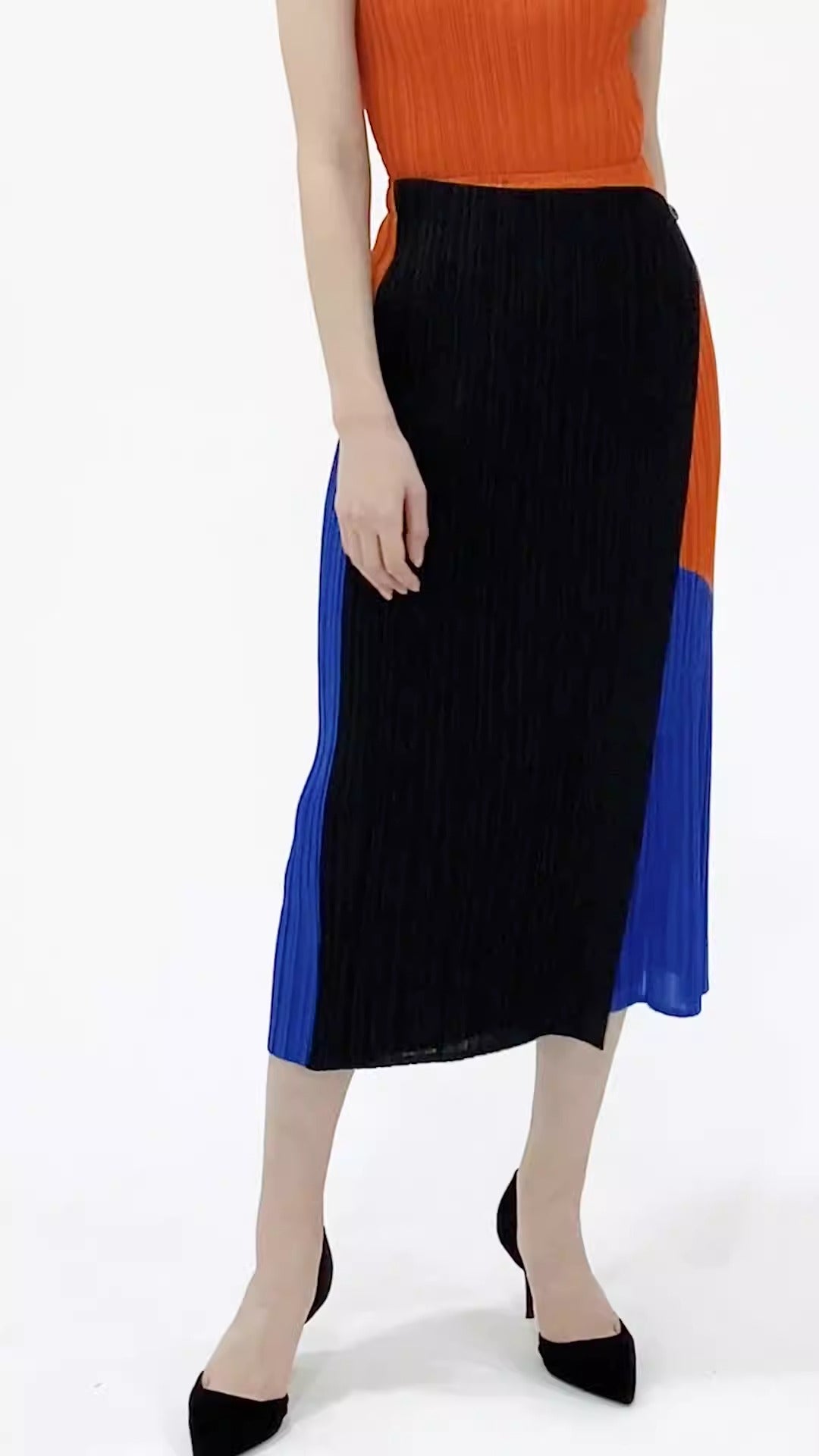 Pleated Skirts Autumn Hit Atchwork Color Long Skirt High Waist One Button Skirt Women Aesthetic Clothes