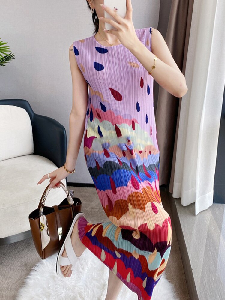 Women Holiday Pleated Dress Round Collar Staright Sleeveless Color Block Print Split Summer