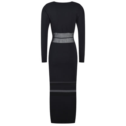 Women Classic Black Long Sheather Mesh Patchwork Dress O-neck See-through Knitted Quality Party Dresses