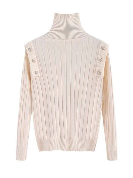 Pullover High Neck Knitwear Women's Spring And Autumn New Slim Button Decoration Long Sleeve Thin Sweater Bottoming Trend