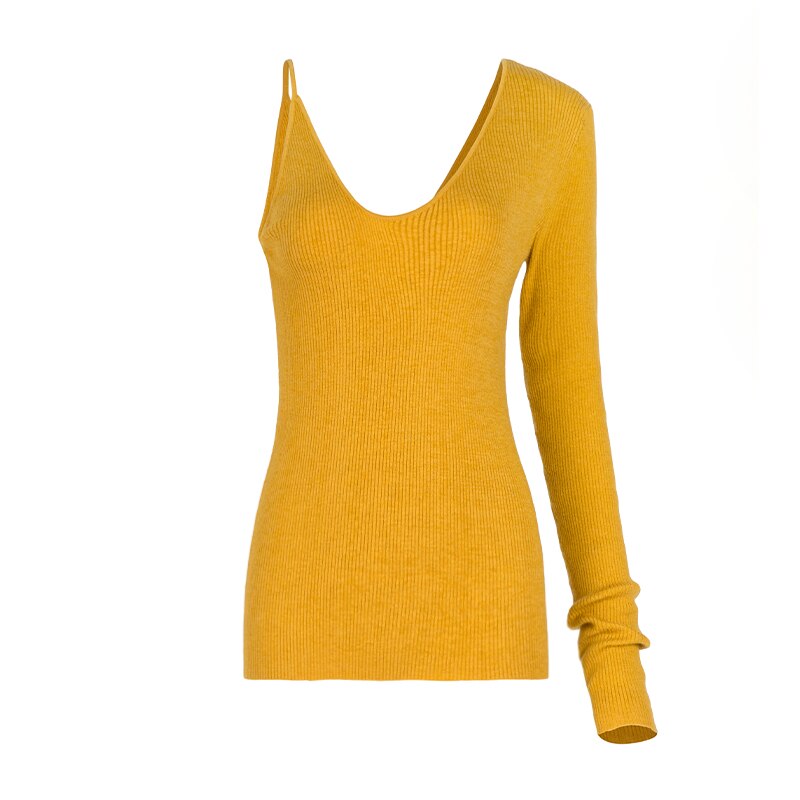 One Shoulder Asymmetrical Design Wool Knitwear Autumn New V-Neck Thin Underlay Slim Top Women