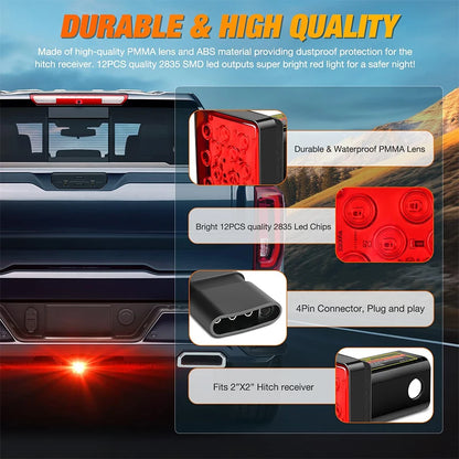 1pc 15LED Car Red Brake Light DRL Trailer Truck Hitch Cover Fit 2" Towing Hauling Rear Tail Strobe Light Waterproof Taillight