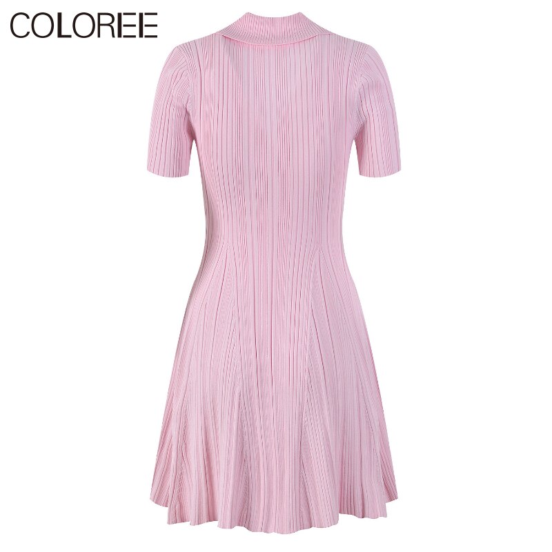 Korean Fashion Pink Dress Women 2023 Elegangt Turn-down Collar Short Sleeve Knitted Dresses Runway Designer Vestidos De Fiesta