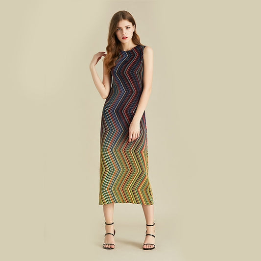 Pleated Dress Women Sleeveless Colorful Striped Halter Long Length Casual Elegant Slim