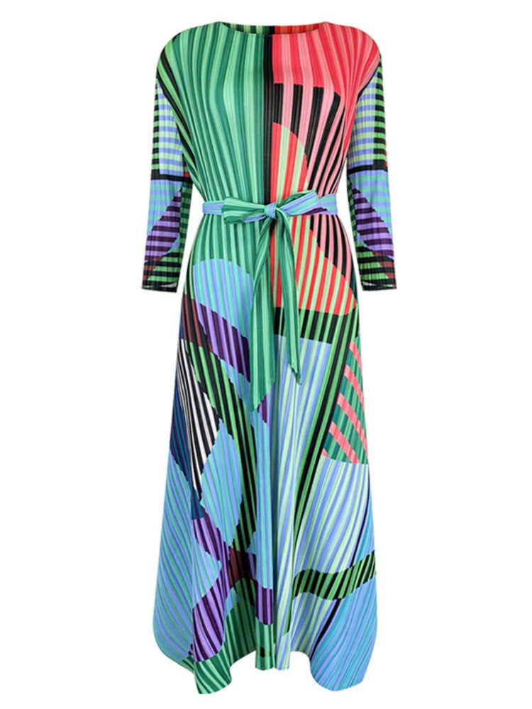 Woman Pleated Dress Color Block Print With Sashes Elegant Asymmetrical Midi Dresses Casual Summer Fashion