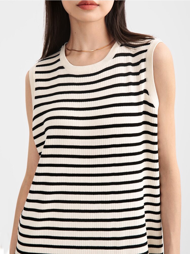 Contrasting Color Striped Knitted Sleeveless Dress Summer New Lazy Simple High-end Sundress  Tassel