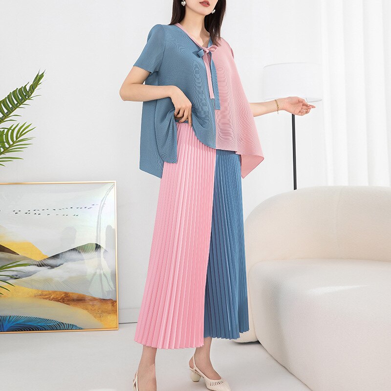 Pleated Suit Women's Fashion Two-piece Summer New Color Bump Loose Large Yard Tops Elastic Waist Wide Leg Pants