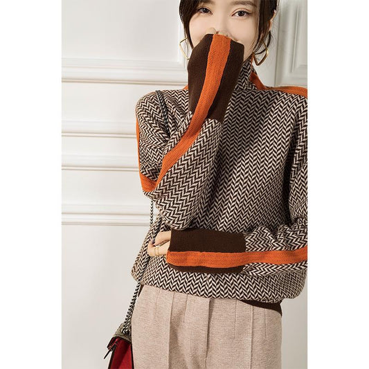 Winter Women's Turtleneck Sweater Warm Pullover Commuter Elegant Top Loose Casual Top Retro Contrast Color