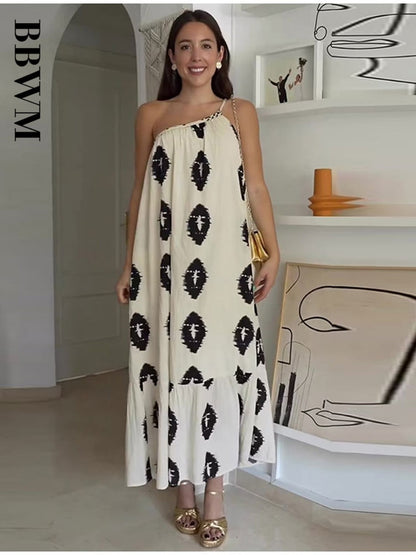 Print Asymmetrical Dress Women Casual Midi Dress 2023 Woman Beach Vintage Backless Summer Loose Dress Chic Female Dresses