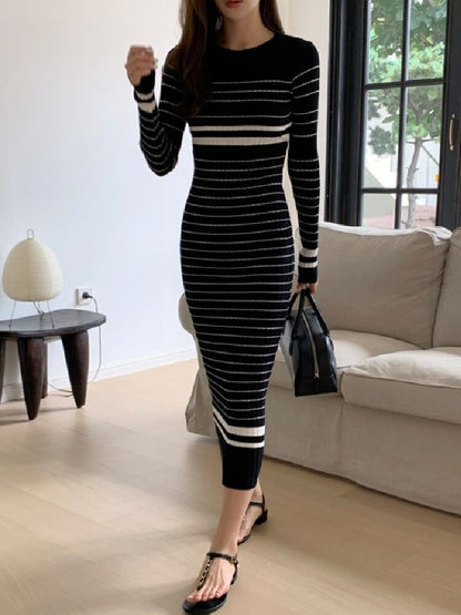 Korean Slim Striped Knitted Sweater Dress Women Full Sleeve O-neck Pencil Long Maxi Dresses Casual Elegant Chic Ladies Vestidos