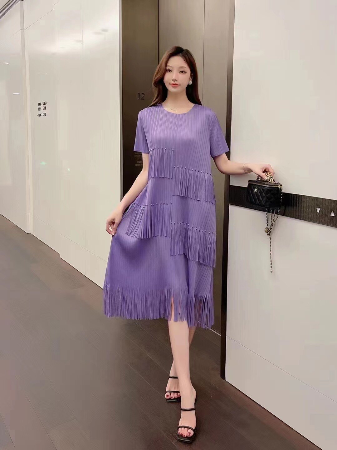 Miyake Pleated Women's Dress Loose Round Neck Fringed Pearl Casual Vestido New for Summer