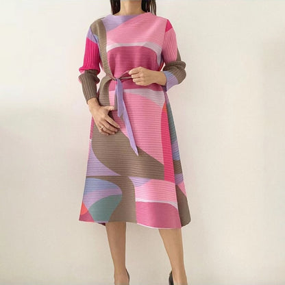 Pleated Dress Women Hit Color Geometric With Belt Sashes Over Size Long Sweet Casual New Spring Fashion Tide Spot