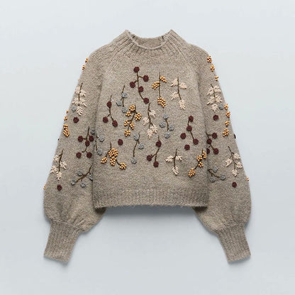 Winter Beaded Embroidery Decoration Bubble Sleeve Sweater