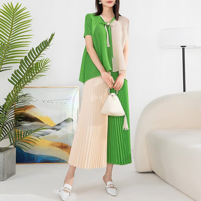 Pleated Suit Women's Fashion Two-piece Summer New Color Bump Loose Large Yard Tops Elastic Waist Wide Leg Pants