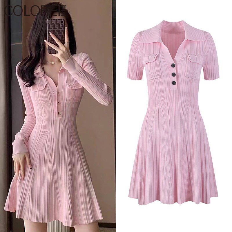 Korean Fashion Pink Dress Women 2023 Elegangt Turn-down Collar Short Sleeve Knitted Dresses Runway Designer Vestidos De Fiesta