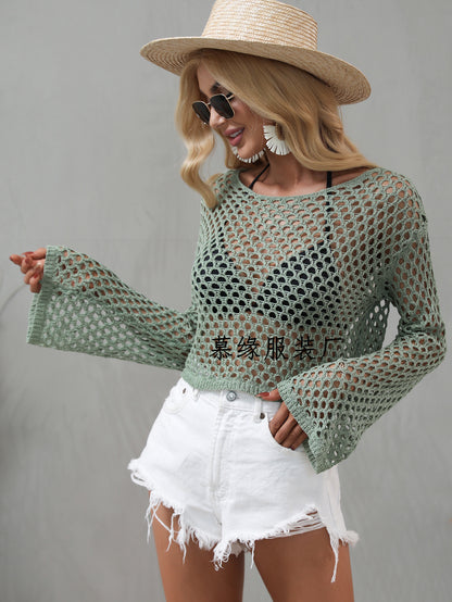 Knitted shirt, flared sleeves, loose trade round neck, hollowed out sweater for women