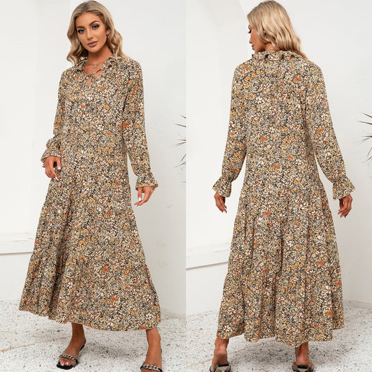 Floral V-neck Ruffle Sleeve Long Printed Long Sleeve Large Sleeve Dress Loose Midi Skirt