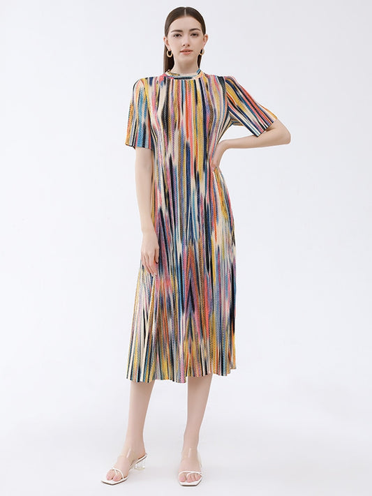 Miyake Pleated Camo Printed Half High Collar Back One Button Short Sleeve Dress Women Korean Casual Long Designer Clothes