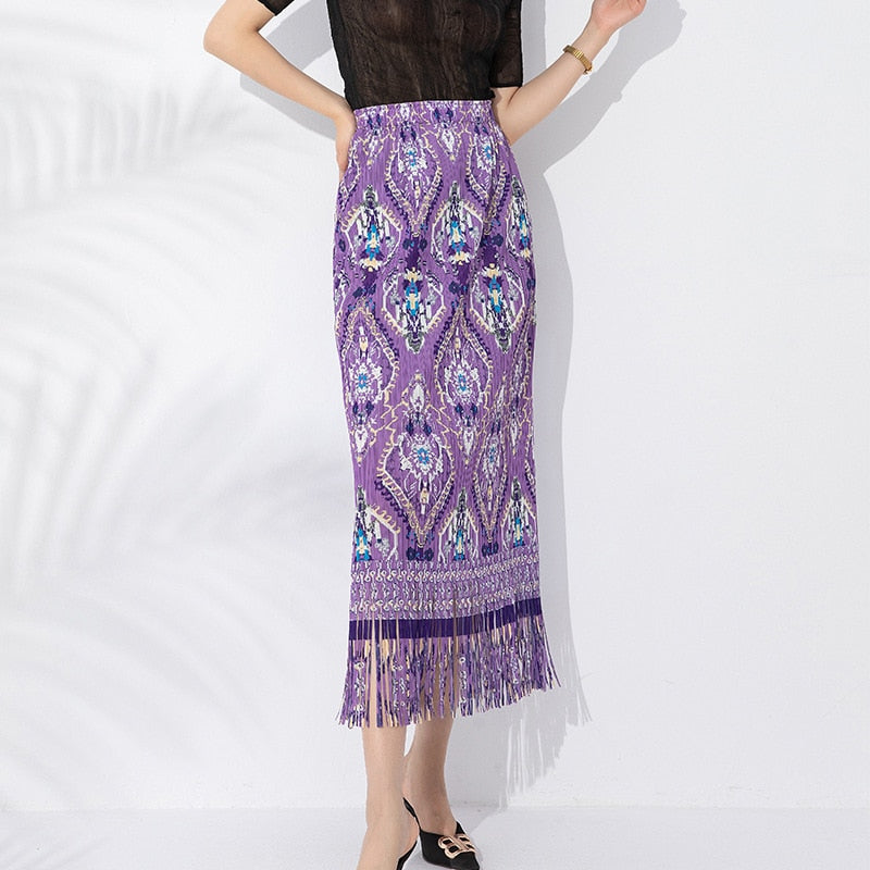 Miyake Tassel Printed Skirt Women's New Fashion Temperament Versatile Large Size Elastic Waist High-end Long A-line Skirt