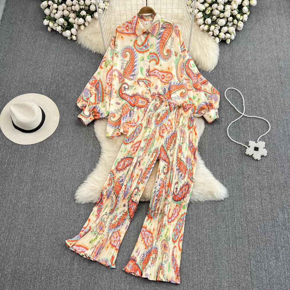 Fashion Set Female Celebrity Temperament Bat Sleeve Loose Printed Shirt Two-Piece High Waist Pleated Pants