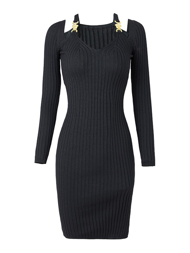 Solid Slimming Knitting Dresses For Women Halter Collar Long Sleeve High Waist Spliced Metal Buckle A Line Midi Dress Female