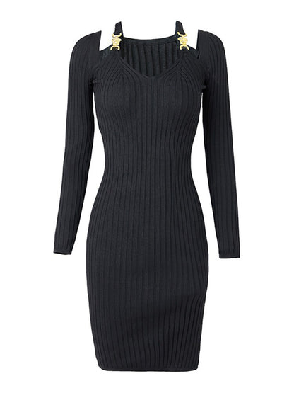 Solid Slimming Knitting Dresses For Women Halter Collar Long Sleeve High Waist Spliced Metal Buckle A Line Midi Dress Female