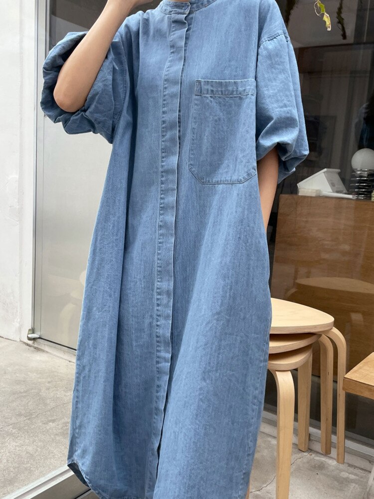 [EWQ] Women Denim Dress Loose Fit Lantern Sleeve Fashion Pocket Dresses  Summer New Tide Fashion Female Stand Vestido 16U107