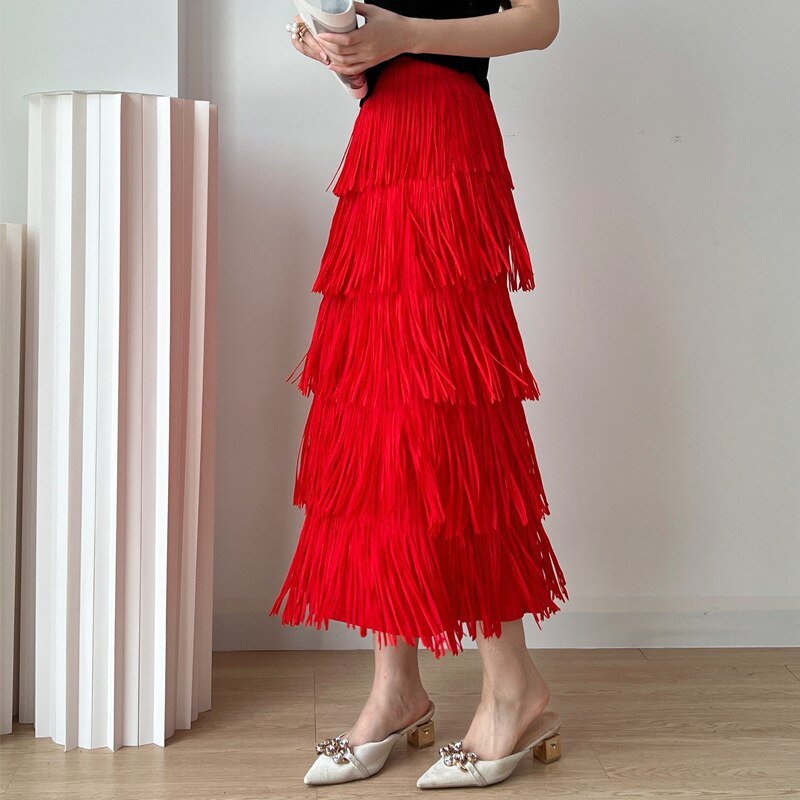 Summer New Retro Style Fringe Women's Half Skirt Miyake Pleated Loose Fashion Elastic Waist Pure Color Pleated Skirt